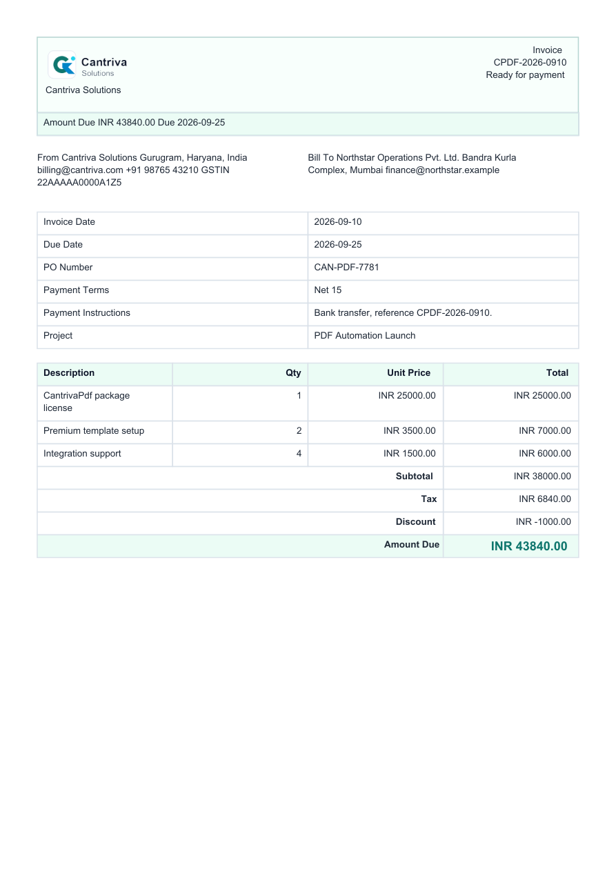 Compact invoice generated PDF preview
