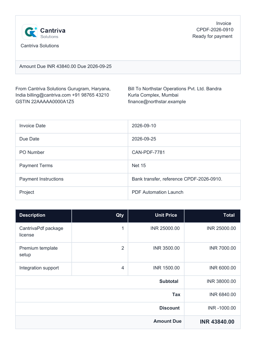 Premium invoice generated PDF preview