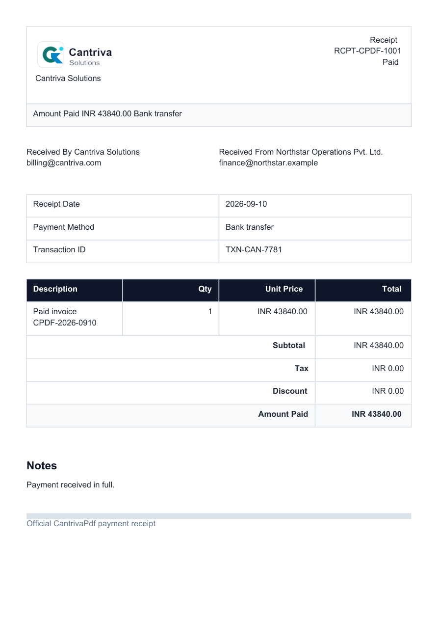 Payment receipt generated PDF preview