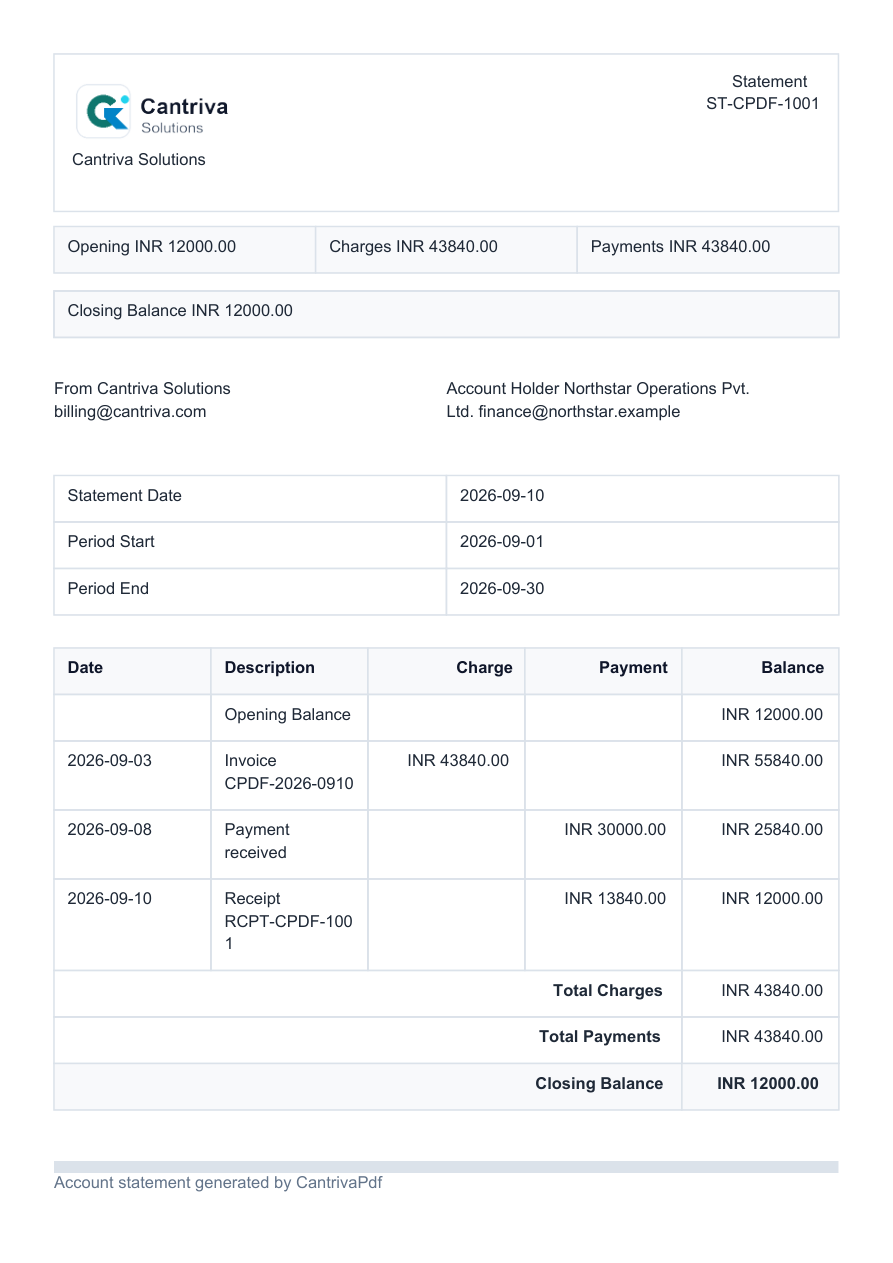 Account statement generated PDF preview