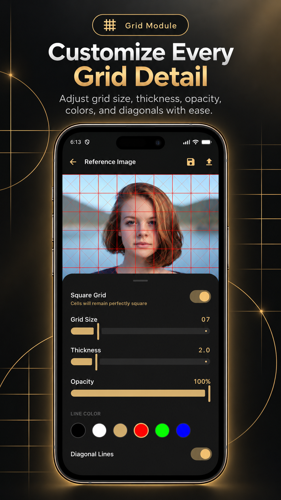 LoomiGrid grid settings with size, thickness, opacity, color, and diagonal controls
