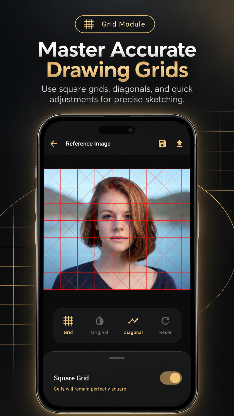 LoomiGrid drawing grid tool showing a portrait reference with square grid and diagonal guides