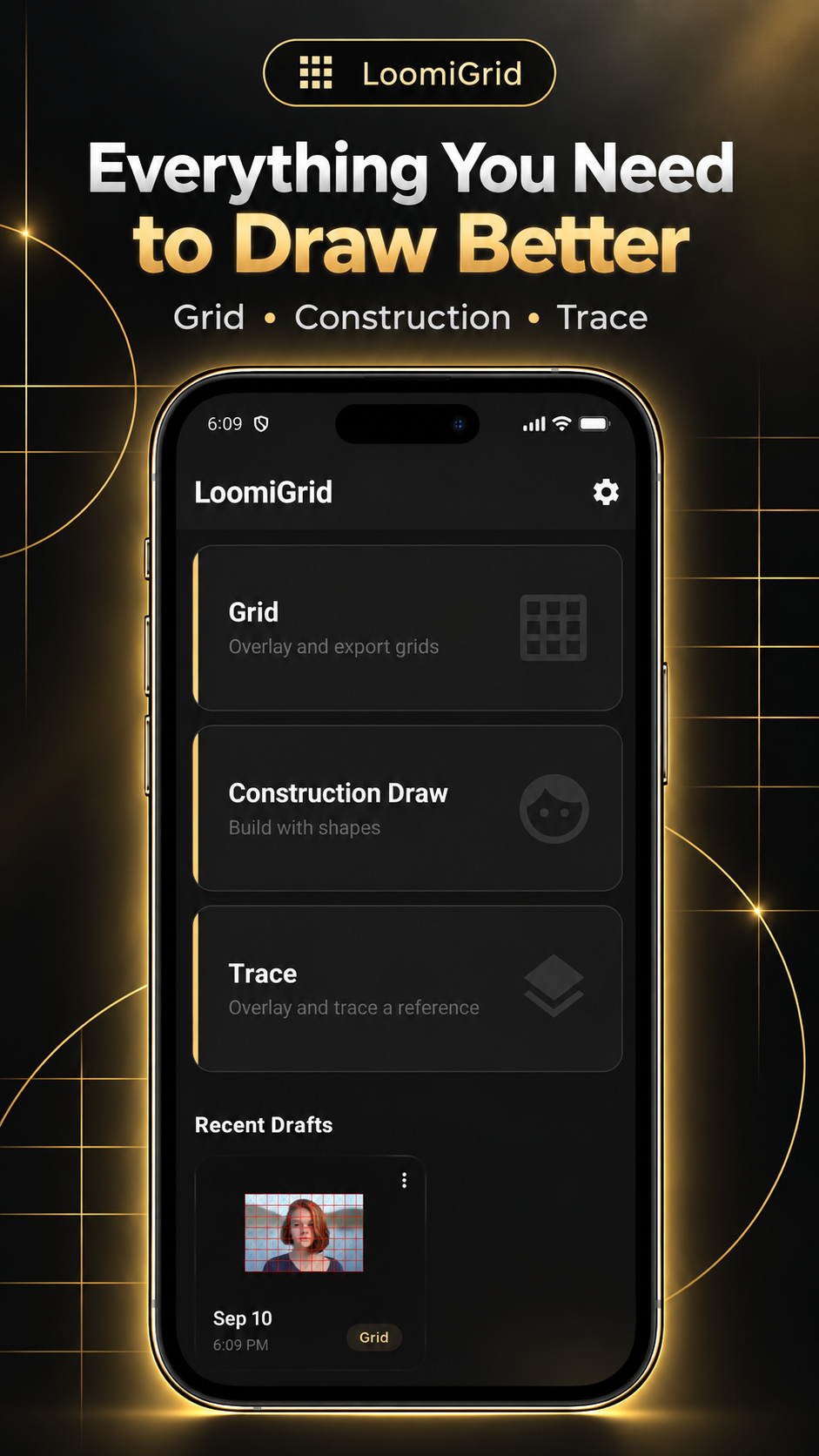 LoomiGrid app home screen with grid, construction draw, trace, and recent draft options