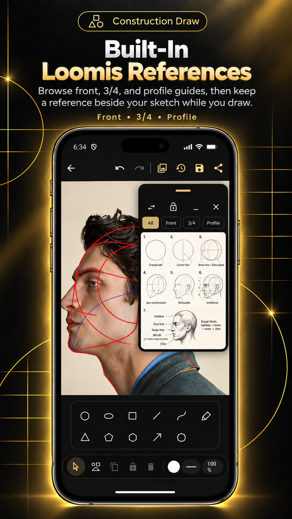 LoomiGrid Loomis reference panel with front, three-quarter, and profile face construction guides