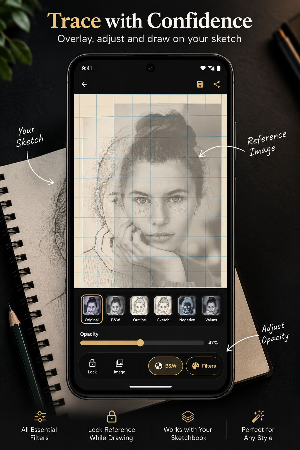 LoomiGrid trace workflow with opacity controls and reference image filters