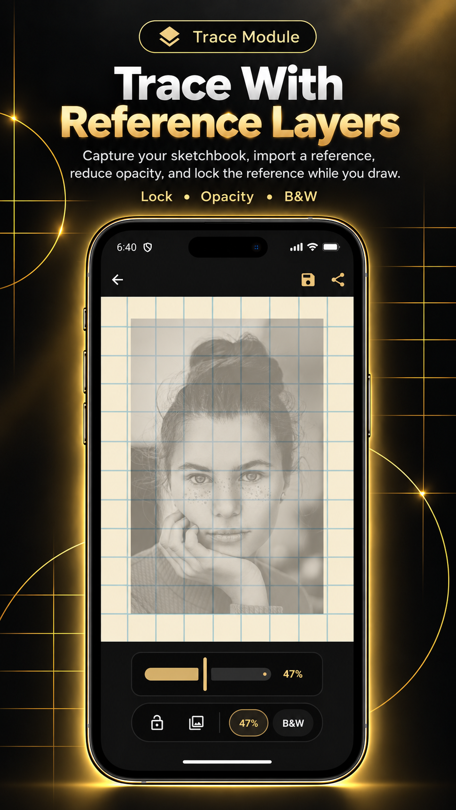 LoomiGrid reference layer tool showing opacity control and black-and-white tracing mode